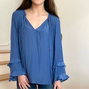 Ramy Brook Paris Blue Tie Neck Long Sleeve Ruffle Sleeves Blouse Top Size XS